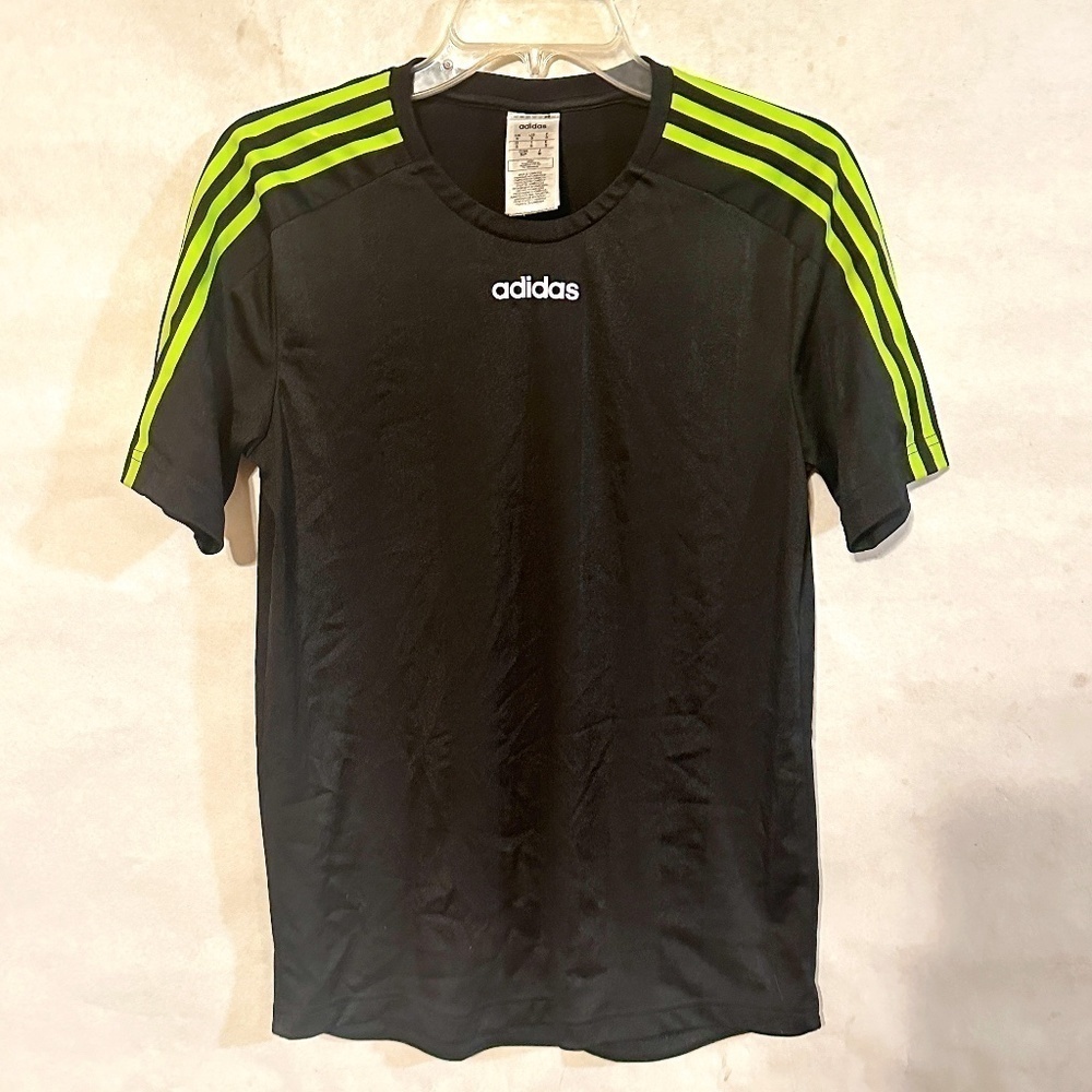 Adidas Classic Three Stripe Black Neon Jersey Workout Athletic Short Sleeve Tee
